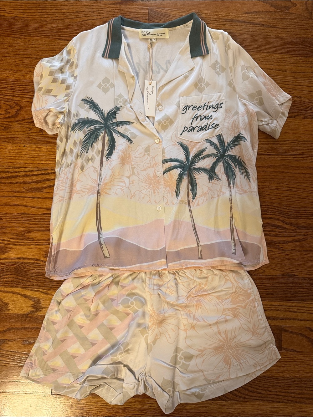 Vintage Havana Cream Pajama Set with Green Palm Print